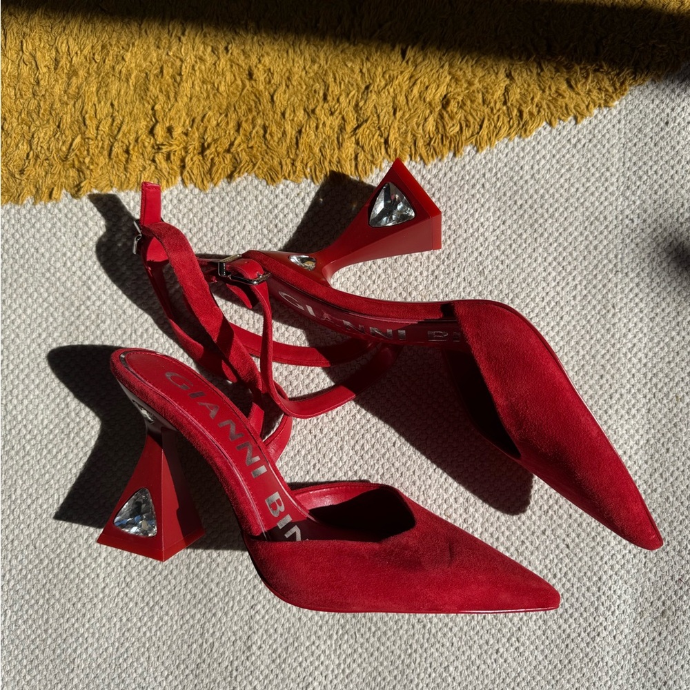 Gianni Bini Tallia Red Suede Asymmetrical Strap Jewel Embellished Pumps Size 7